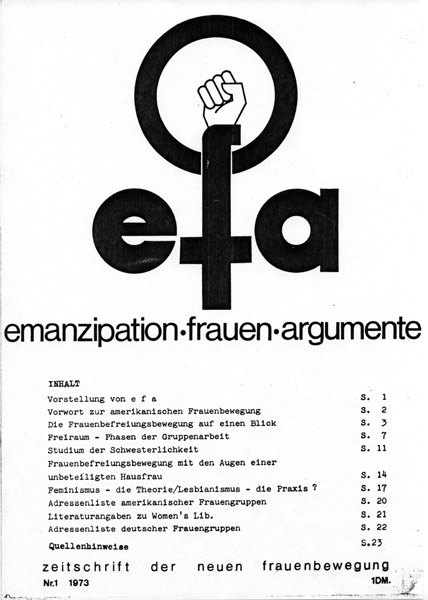Titel der Erstausgabe der Zeitschrift efa (emazipation-frauen-argumente), Nr. 1, 1973