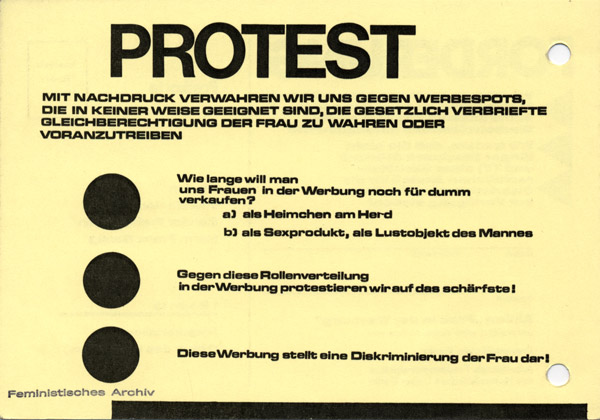 Fraueninitiative Berlin / Arbeitskreis Frauenemanzipation der Humanistischen Union Berlin: Protest-Postkarte der Aktion "Frau in der Werbung", 1973