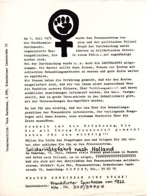 Flugblatt Solidaritätsfahrt nach Holland nach der Durchsuchung des Frauenzentrums Frankfurt durch die Mordkommission, 1975 (FMTSignatur: FB.05.103)