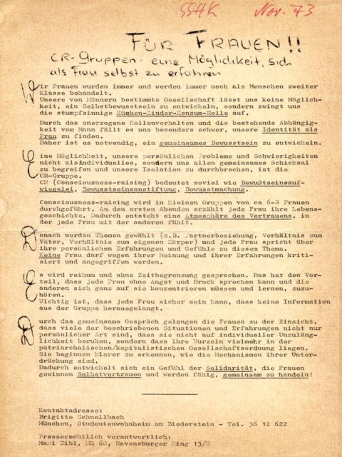  Informationsblatt und Einladung zu einer CR-Gruppe in einem Studentenwohnheim in München, 1973. (FMT-Signatur: FB.07.039)