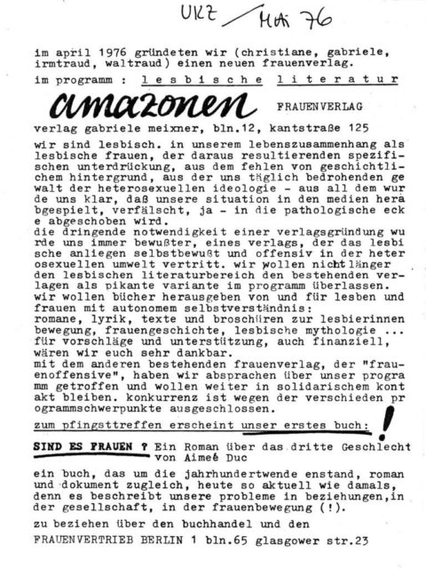 Ankündigung des Amazonen-Frauenverlags, Quelle: UKZ, Mai 1976. (FMT-Signatur: Z-L301)