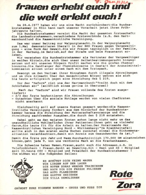 Flugblatt der Roten Zora 'Frauen erhebt euch und die Welt erlebt euch!', 1977 (FMT-Signatur: FB.07.102)