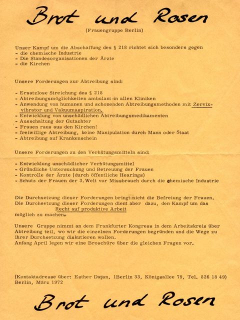 Flyer of the Berlin women's group "Brot & Rosen" against §218, March 1972 (FMT Shelf Mark: FB.07.049)