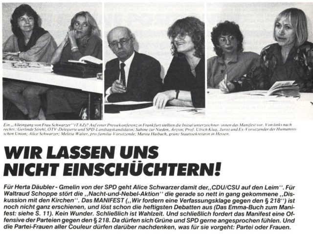 Bericht über die Pressekonferenz zum Manifest gegen § 218 (In: EMMA 11/1986, p. 19)