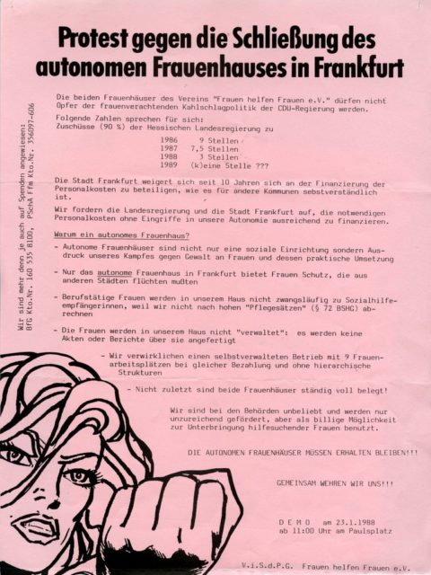 Aufruf zur Demonstration gegen die Schließung der beiden autonomen Frauenhäuser in Frankfurt am 23.01.1988 am Paulsplatz in Frankfurt (FMT-shelfmark: FB.07.083)
