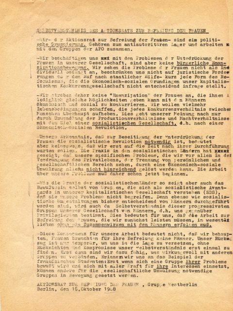 Self-conception of "Aktionsrat zur Befreiung der Frauen", Berlin 16.10.1968 (FMT Shelf Mark: FB.04.161)