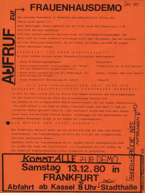 Flugblatt: Demonstration für Förderung von Frauenhäusern, 13.12.1980, Frauenhaus (FMT-shelfmark: FB.04.094)