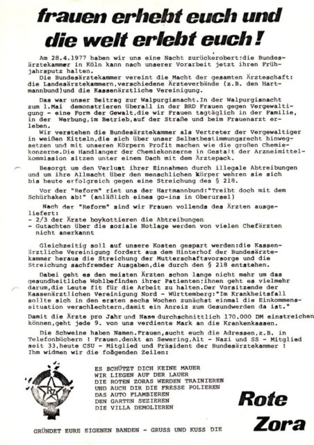 Leaflet of Rote Zora, April 1977 (FMT Shelf Mark: FB.07.102)