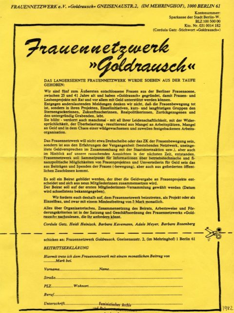 Gründungsinformation des Frauennetzwerks Goldrausch in Berlin 1982 mit Beitrittserklärung (FMT-Signatur: FB.07.066)