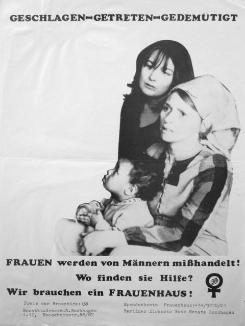 Plakat: Geschlagen - getreten - gedemütigt : Frauen werden von Männern mißhandelt! ; Wo finden sie Hilfe? ; Wir brauchen ein Frauenhaus!, 1976 (FMT-shelfmark: PT.047)