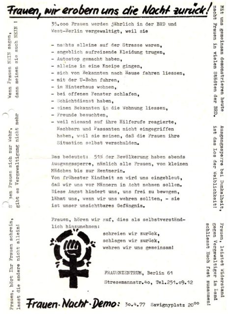 Aufruf zur "Frauen Nacht Demo" am 30.04.1977 in Berlin (FMT-shelfmark: FB.07.104)