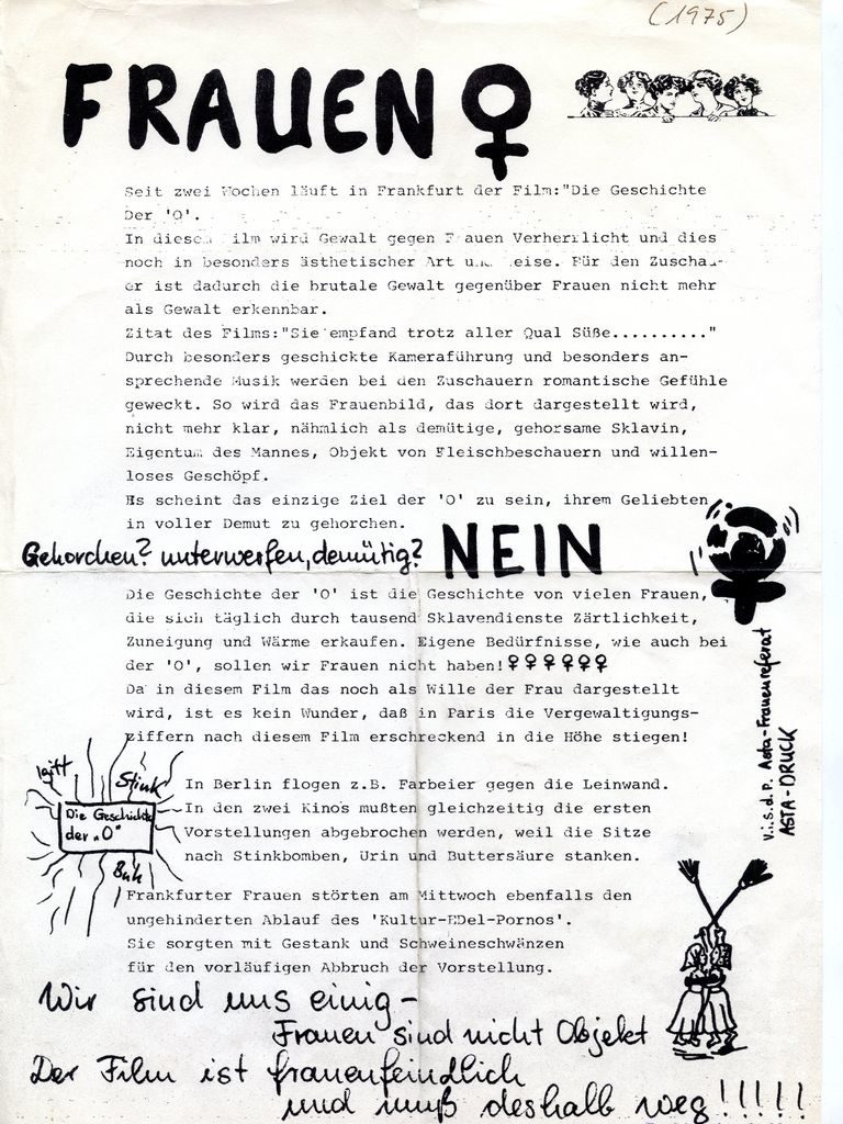 Asta-Frauenreferat Frankfurt/M. Flugblatt gegen die Geschichte der O, 1975 (FMT-Pressedokumentation: PD-SE.09.03-1)