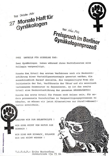 zum Berliner Gynäkologen-Prozess, Quelle: Pressedokumentation: Vergewaltigung : exemplarische Prozesse und Urteile II ; Berliner Gynäkologen-Prozess (FMT-shelfmark: PD-SE.03.04)