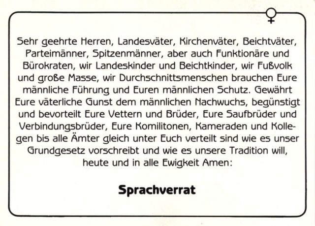 Postkartenserie A: Zeitgenösische Zitate, Nr. 7: Senta Trömel-Plötz, Sprachverrat 3, Vertrieb B. Dorothea Krüger (FMT-Signatur: VAR.03.028)