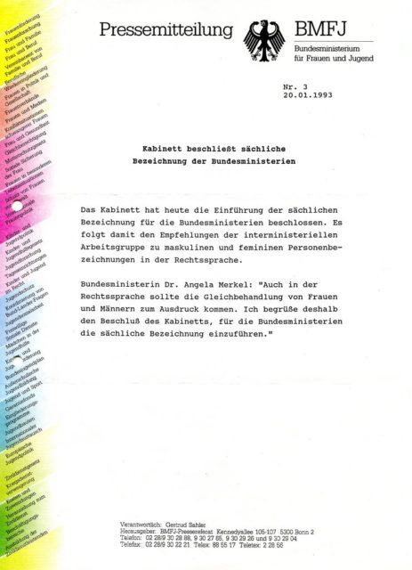 Pressemitteilung BMFJ, 1993, Quelle: FMT-Pressedokumentation Frauen und Sprache II : Anredeform Frau - Fräulein in historischer Entwicklung (FMT-Signatur: PD-KU.23.02)