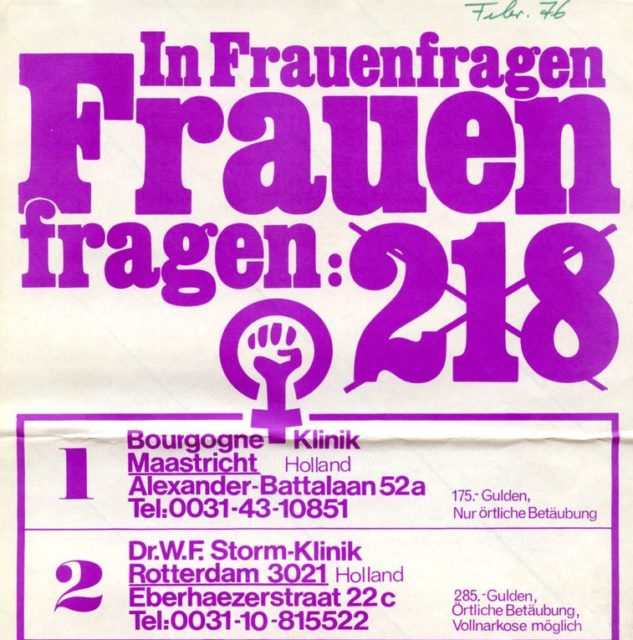 Flugblatt mit Adressen von Abtreibungskliniken und Beratungsdiensten in Holland und Österreich, 1976 (FMT-Signatur: FB.05.117)