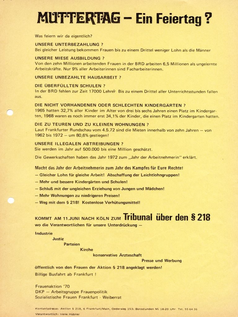 Muttertag - Ein Feiertag? (1972). - Frauenaktion 70 [Hrsg.] ; DKP-Frauenarbeitskreis [Hrsg.] ; Weiberrat [Hrsg.], siehe Flugblatt im Bildarchiv (FMT-Signatur: FB.07.047)